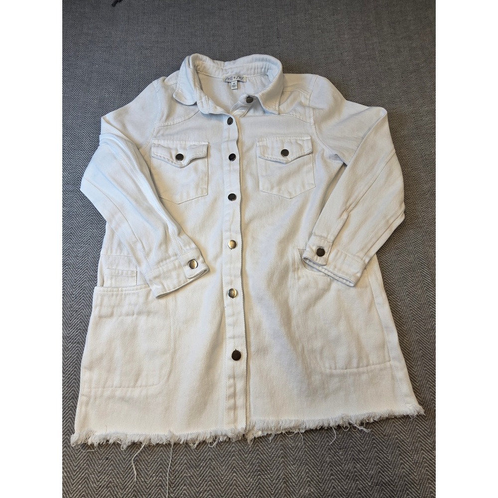 She + Sky Jacket Womens Medium White Denim Utility Relaxed Button Front Raw Hem